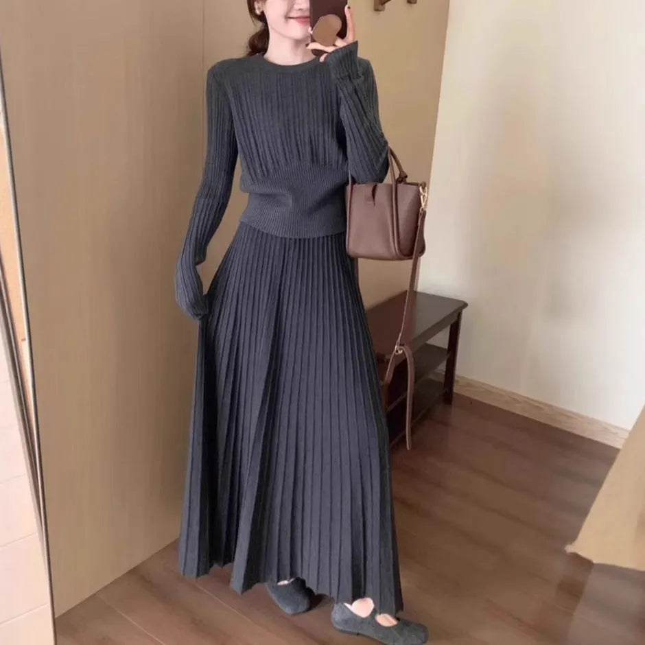 Dark grey knitted dress suit with 3D pattern, artistic retro style, sweater and skirt set