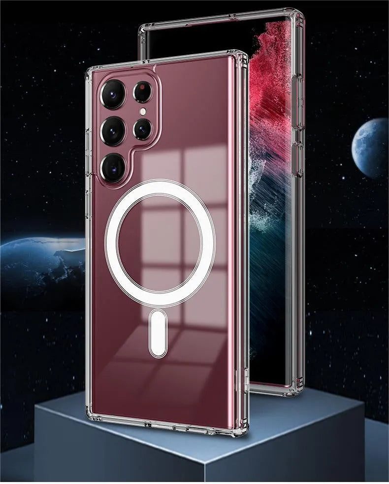 Transparent MagSafe magnetic phone case for Samsung Galaxy S21 S22 S23 series showing clear TPU construction