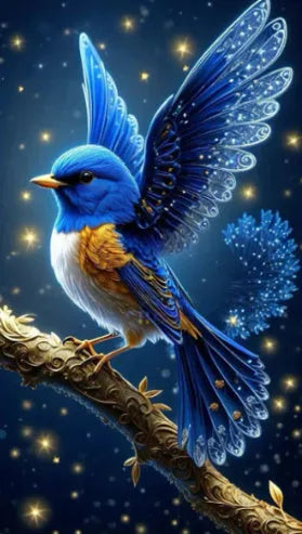 Handmade DIY fancy shape rhinestone painting showing Blue Bird design on 60x100cm canvas with internal framework structure