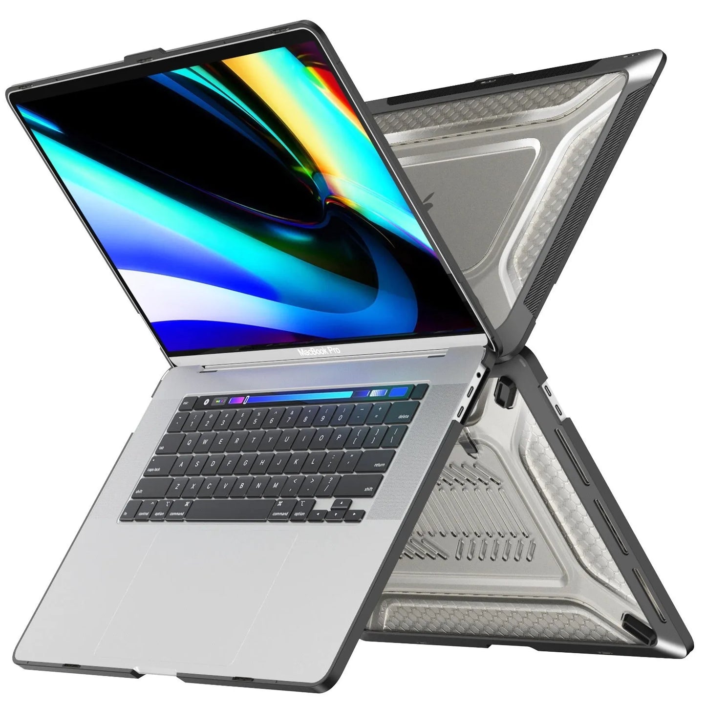 MacBook protective shell in four colours showing 1.5mm thickness and model compatibility