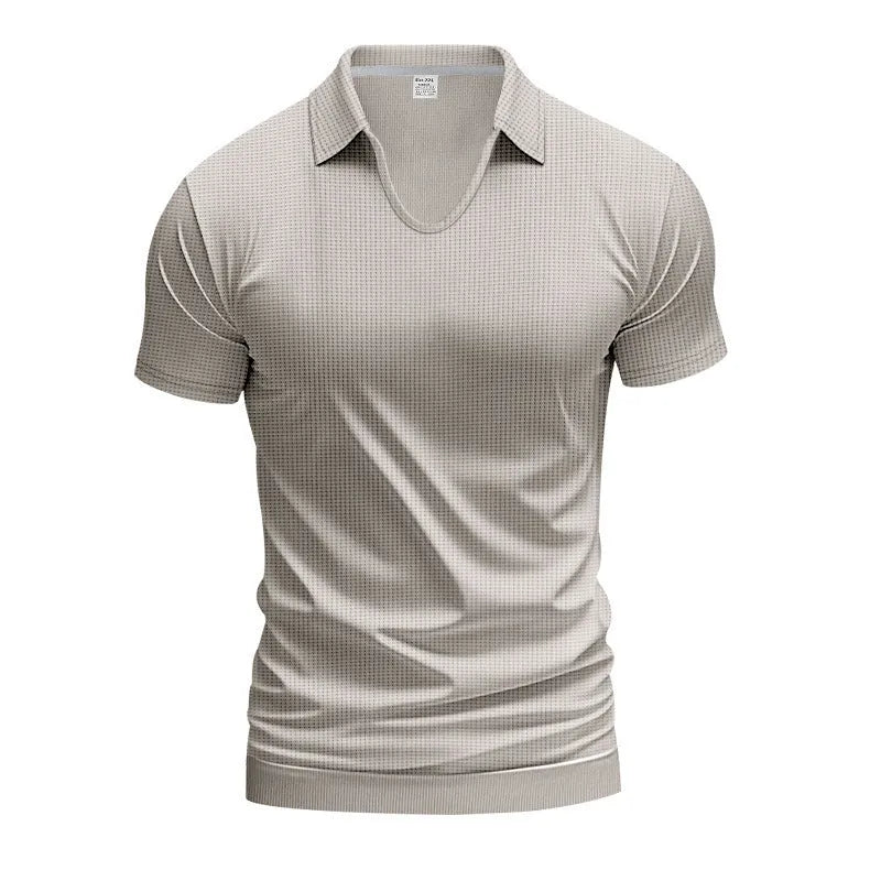 Men's loose fit light grey V-neck short sleeve T-shirt laid flat