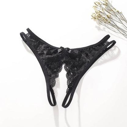 Women's lace thong panties with open crotch design in various colors