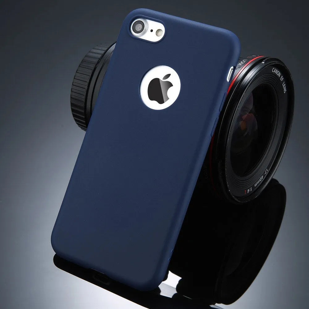 Soft silicon TPU iPhone case in candy colours like pink and navy blue, showing slim 0.5cm thickness and full coverage for back and sides.