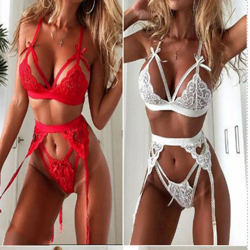 Red and white lace lingerie set for women with cute girl style design