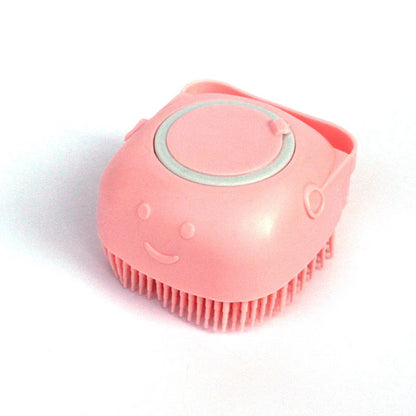 Silicone pet bath brush with shampoo dispenser, designed for gentle grooming and soothing massage