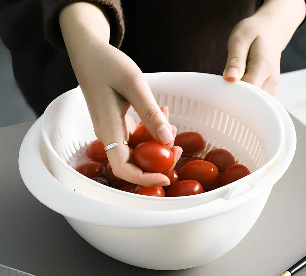 Double-dish sink drain basket with 30cm upper tier and 25cm lower tier in apricot colour