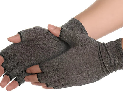 Breathable half-finger compression gloves showing exposed fingertips and adhesive grey section for joint support