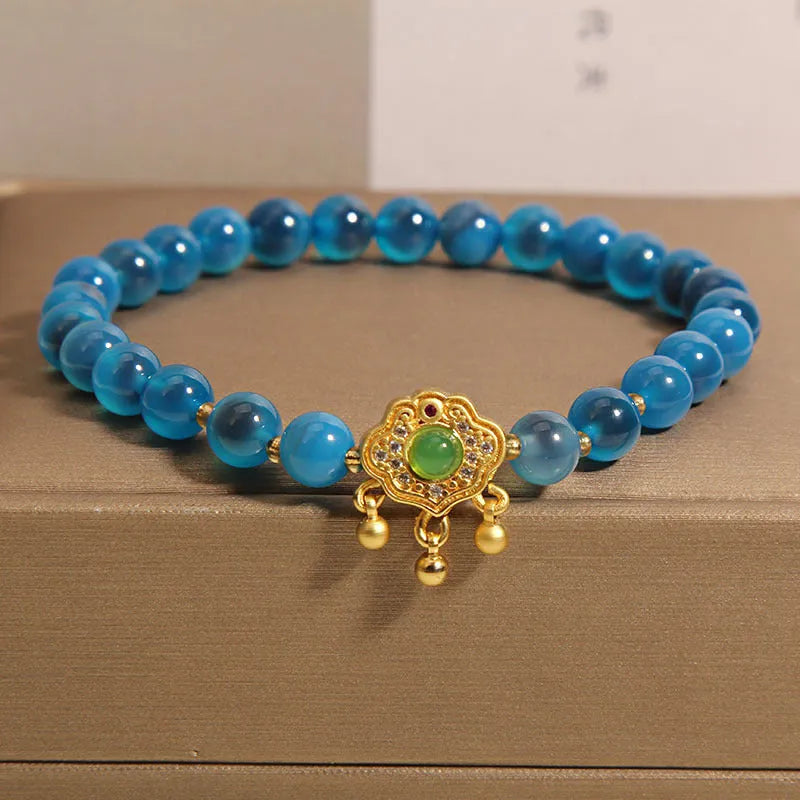 Blue sugar heart agate jade safety lock pendant bracelet with crystal construction and rhinestone accents