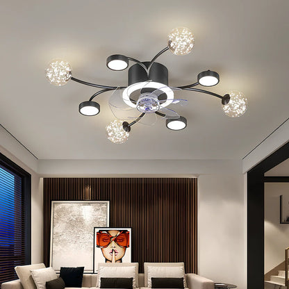Modern smart ceiling fan lamp with round LED light and remote control in black or gold finish