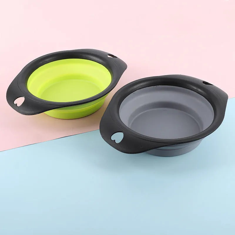 Collapsible silicone pet food bowl shown folded flat and unfolded, in green colour with non-slip base