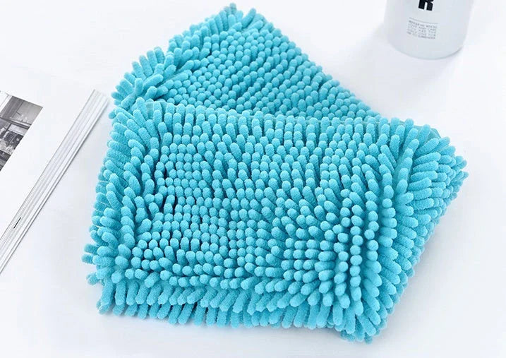 Plush and absorbent pet towels in various colors, designed to quickly dry and comfort dogs and cats after bath time