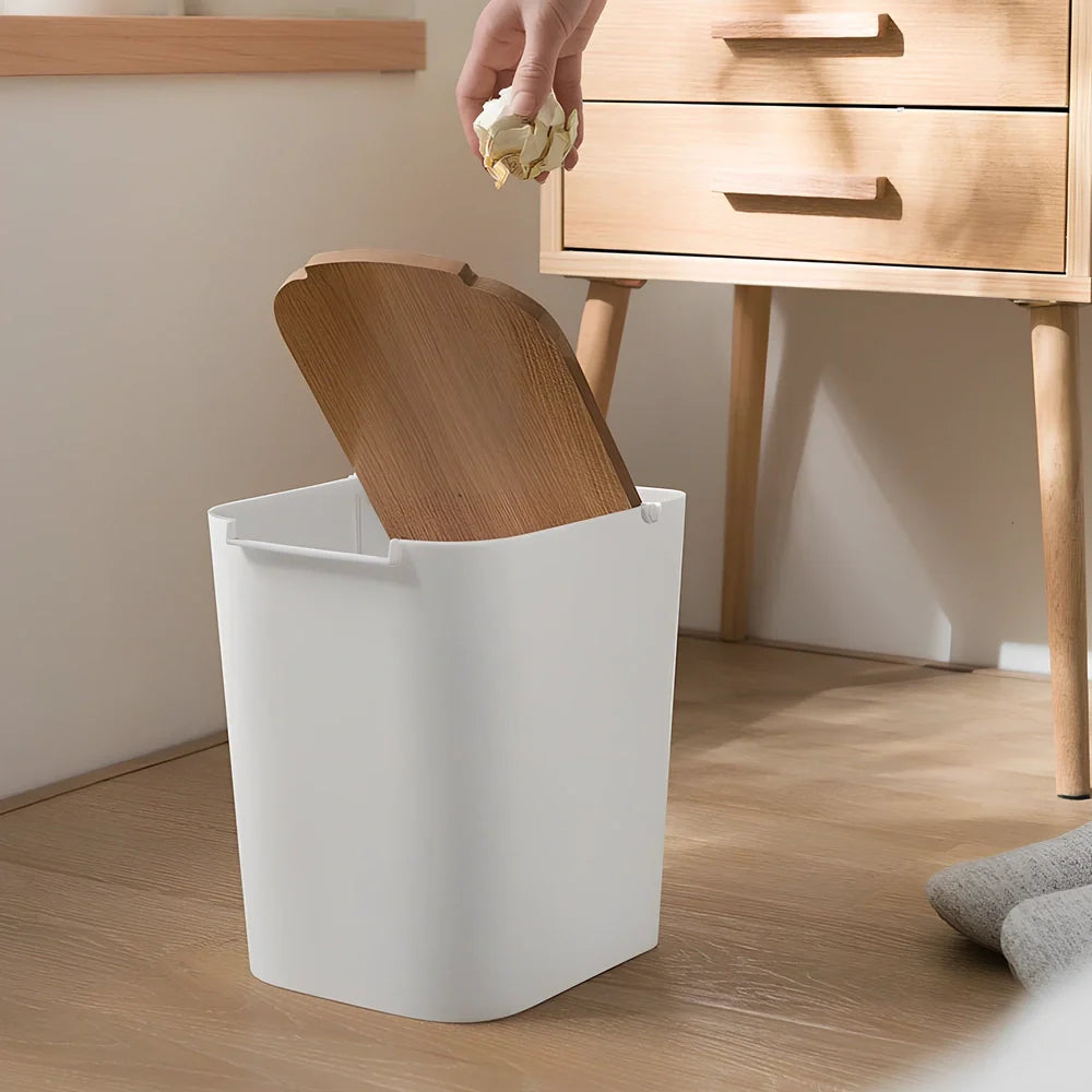 Rectangular kitchen storage bucket with wooden cover showing 6-litre capacity for dry goods