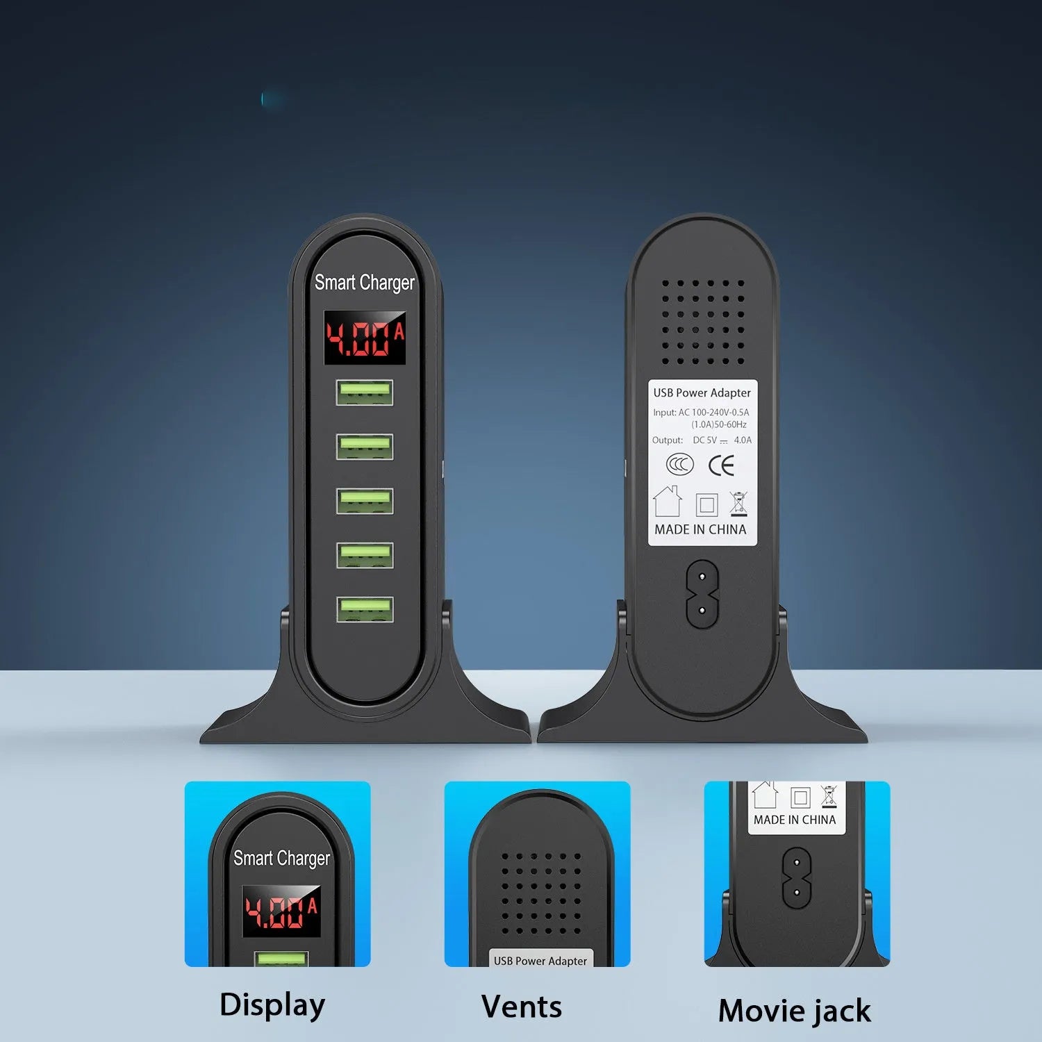 Smart LED digital display USB charger showing charging status with 4000mA output for UK voltage