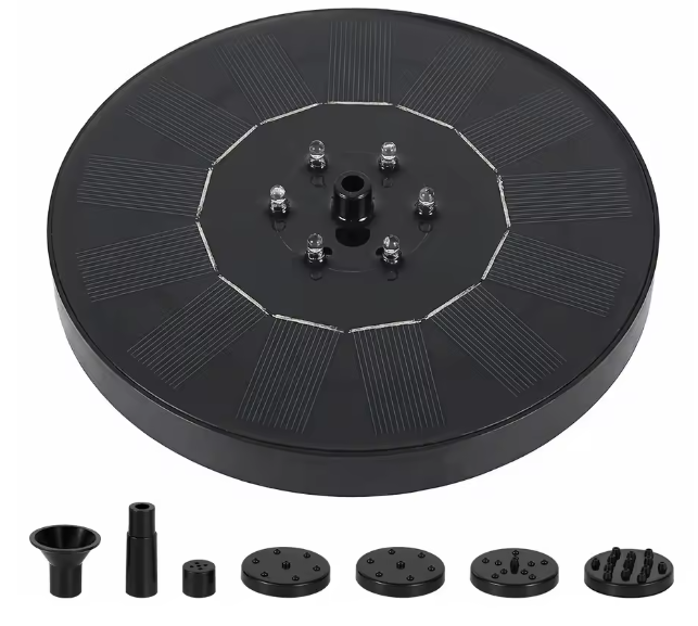 Solar fountain pump with LED lighting features automatic operation powered by 7V solar energy, delivering 210 L/h water flow with 1.2m head height for garden water features