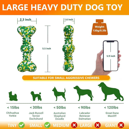 Natural rubber dog chew toy with camouflage design for aggressive chewers, USDA organic certified, in green, white, and yellow colours.