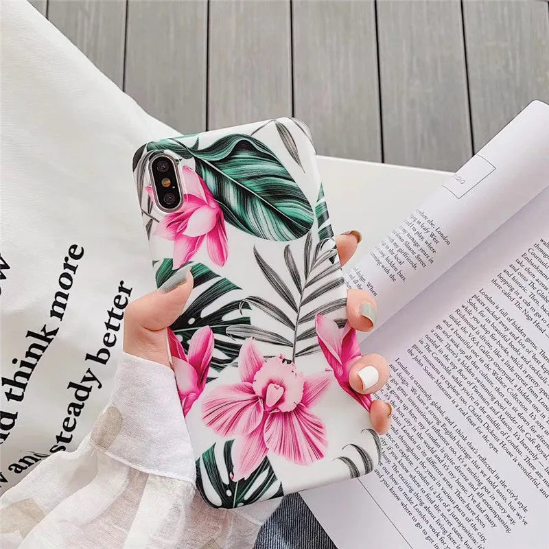 Pink floral design TPU back cover case for multiple iPhone models