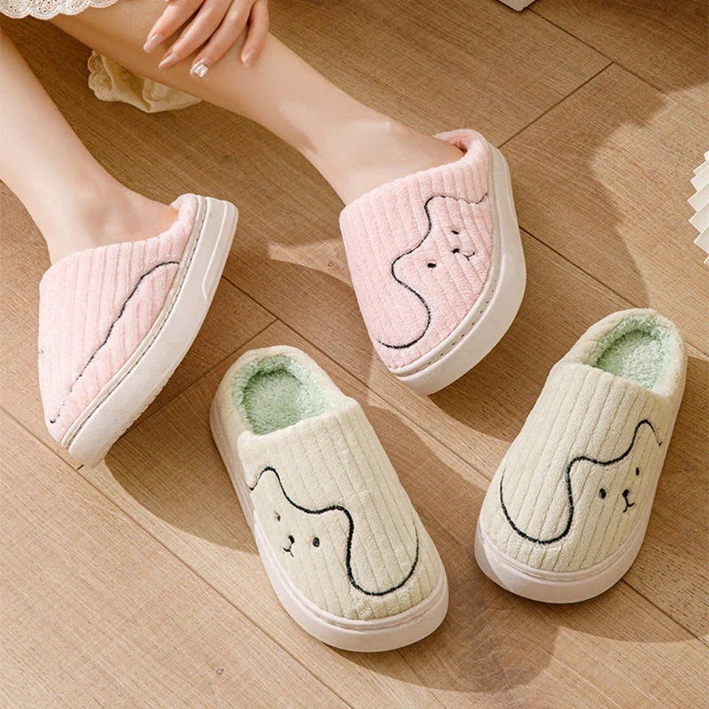 Cozy cat-themed indoor slippers with plush upper, rubber non-slip sole, and vibrant color options