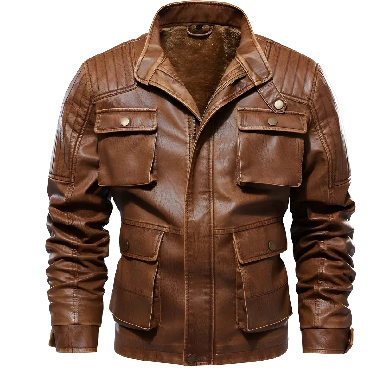 Men's PU leather jacket with velvet lining, available in khaki, black, and brown, sizes L to 5XL