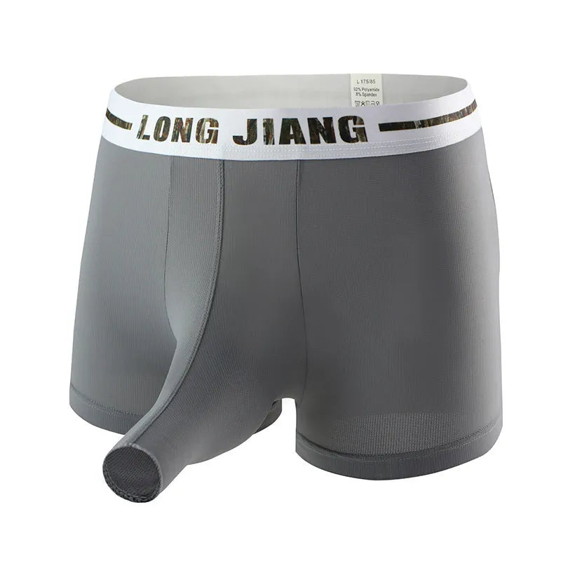 Men's grey blue ice silk trunk open boxers laid flat, showing mid-waist and knitted fabric texture.