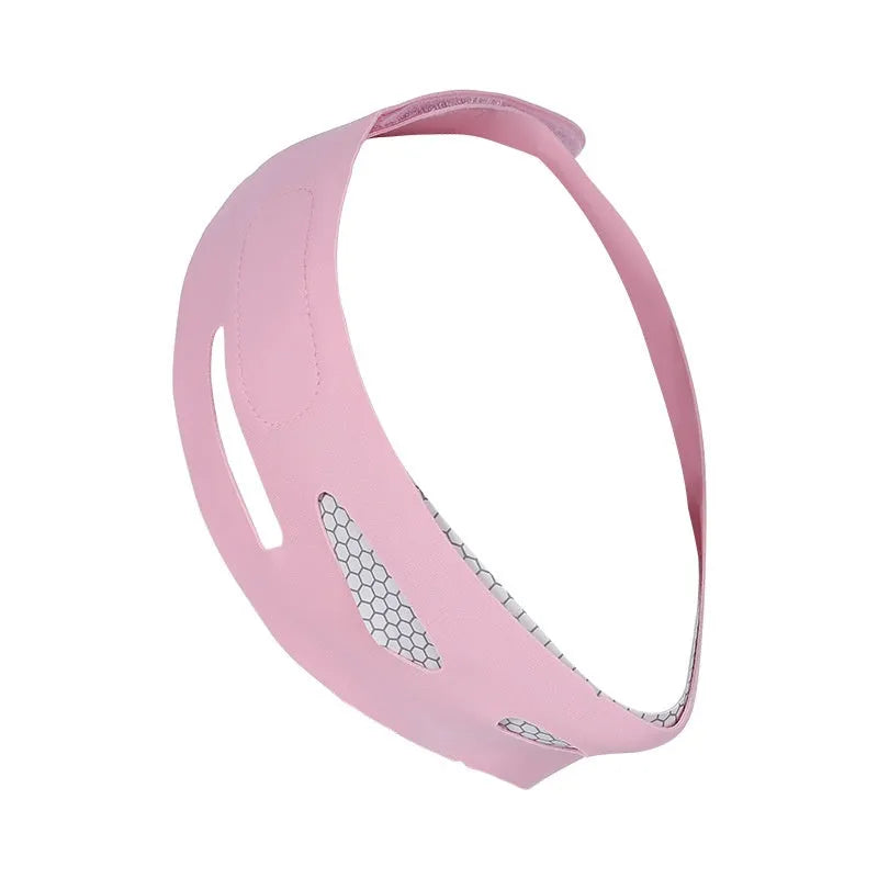 Pink and black elastic V-shaped face bandage for facial contouring and skin toning.