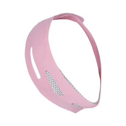 Pink and black elastic V-shaped face bandage for facial contouring and skin toning.