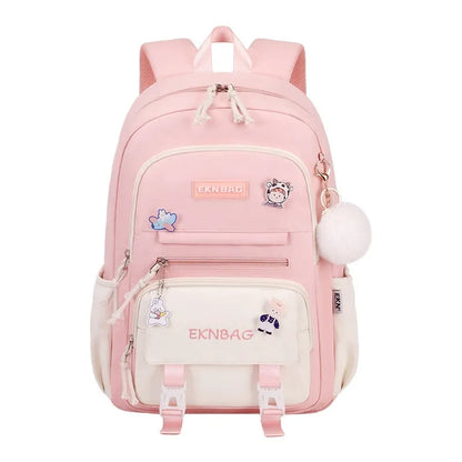 Pink waterproof Oxford cloth school backpack for girls with curved shoulder straps, shown with matching pencil case.