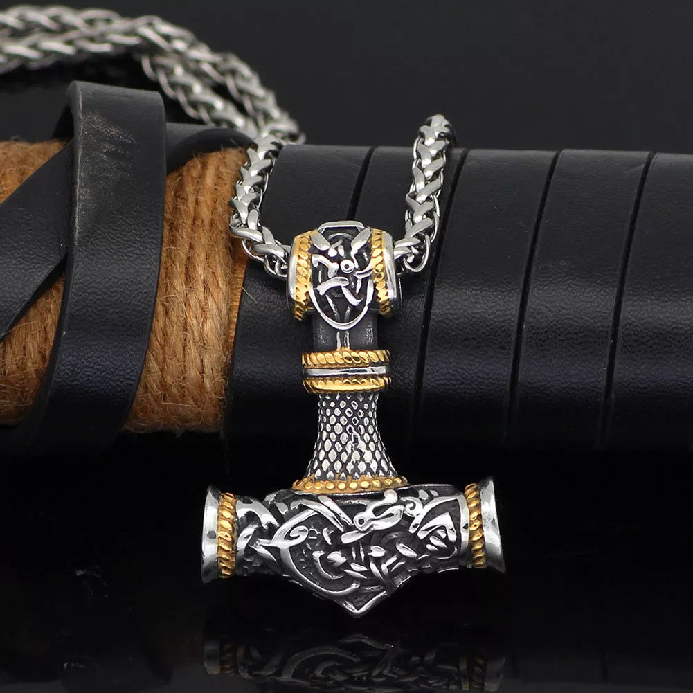 Nordic Vikings Hammer Rune Pendant Necklace for men in stainless steel and titanium steel