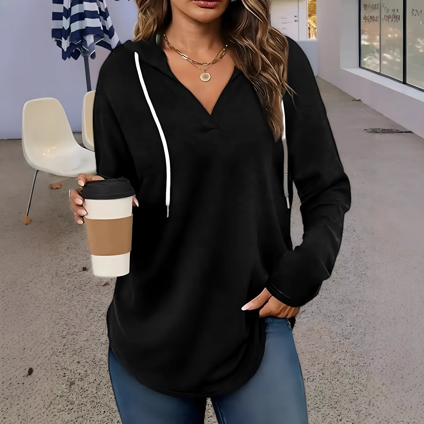 Women's red V-neck hooded sweatshirt with long sleeves and loose fit