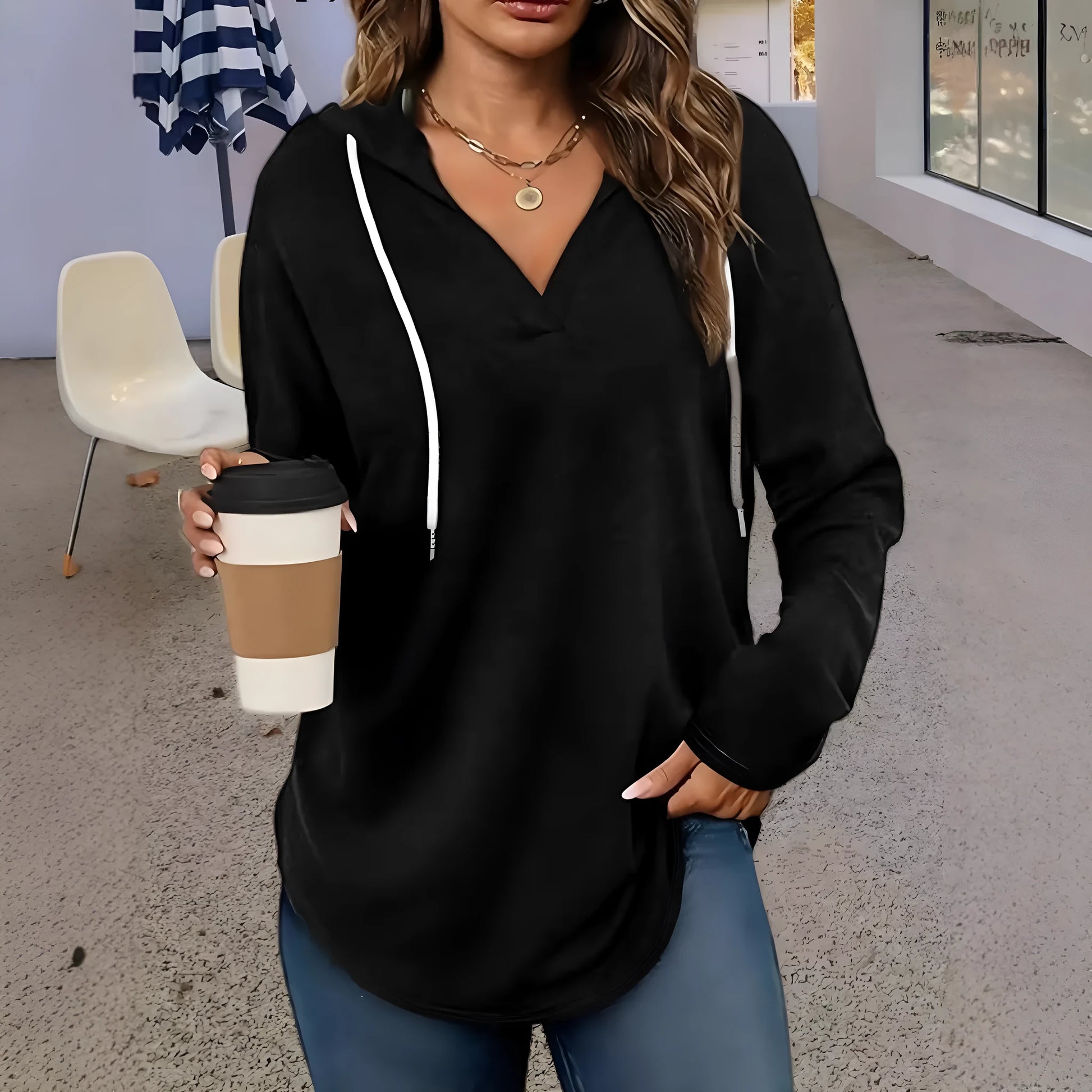 Women's red V-neck hooded sweatshirt with long sleeves and loose fit