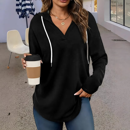 Women's red V-neck hooded sweatshirt with long sleeves and loose fit