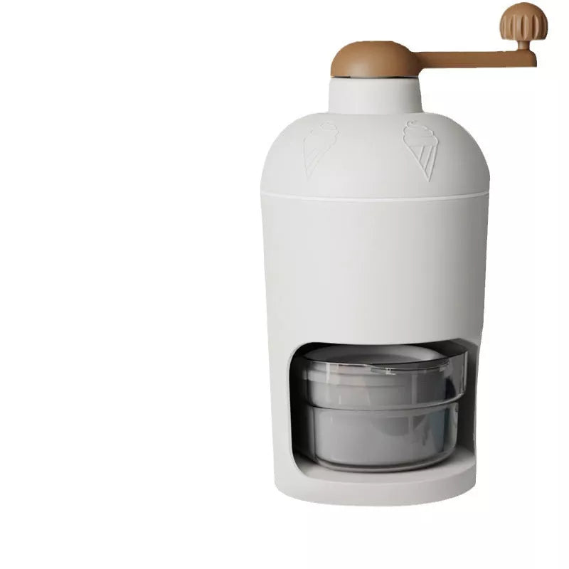 Manual ice crusher with stainless steel blades and white plastic body, compact and efficient for home or small stalls.