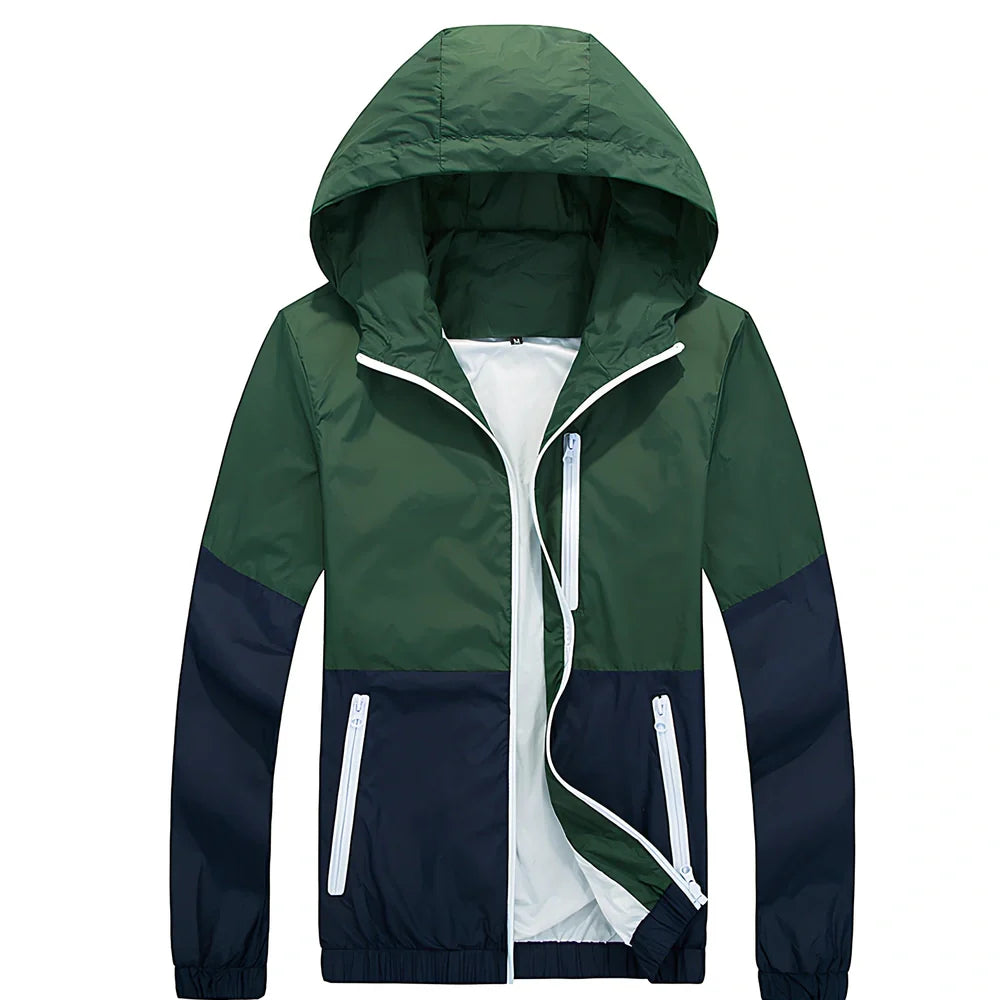 Men's lightweight hooded trench jacket in multiple colours showing front zip and hood design