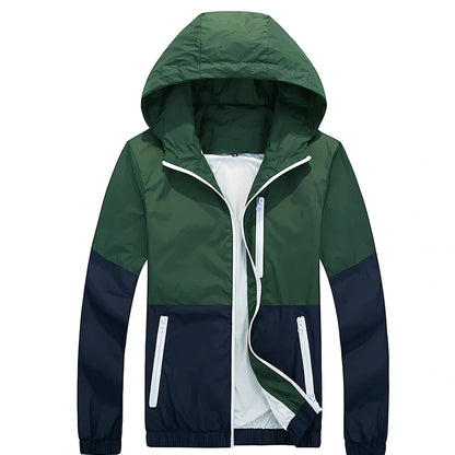 Men's lightweight hooded trench jacket in multiple colours showing front zip and hood design