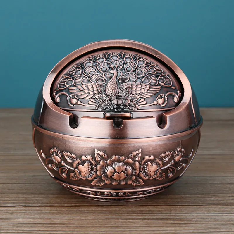 Alloy ashtray with smoke extinguishing slot in bronze finish, featuring Dragon and Phoenix motif, S size