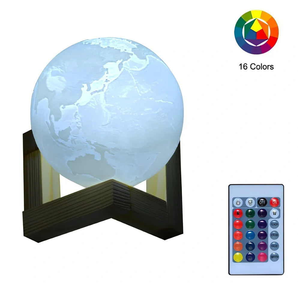 3D printed Earth and Jupiter lamps with touch control and solid wood bases in various sizes from 8cm to 22cm