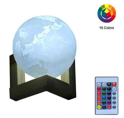 3D printed Earth and Jupiter lamps with touch control and solid wood bases in various sizes from 8cm to 22cm