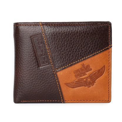 Leather wallet with personality stitching showing 3-fold design, internal compartments, and cowhide leather texture