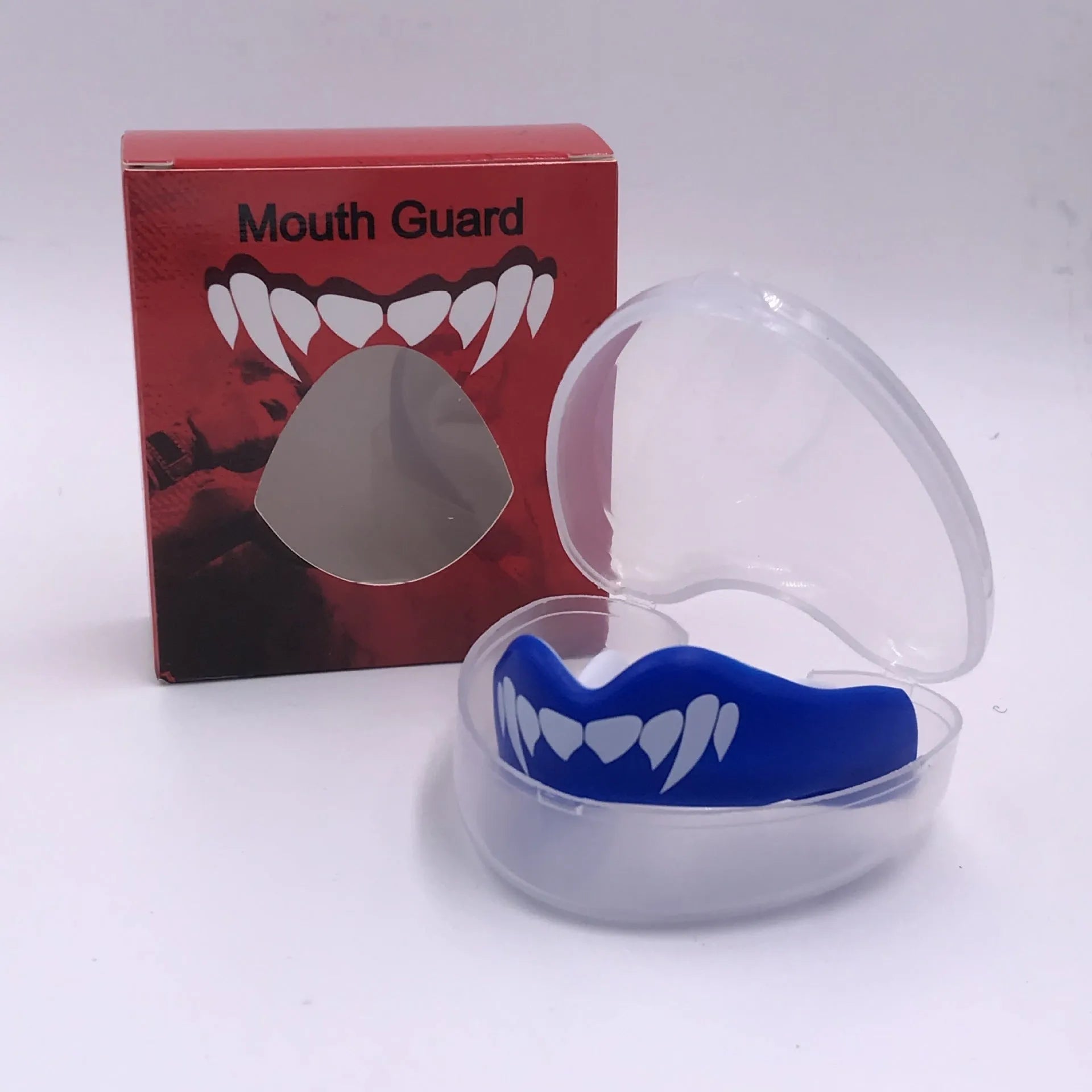 Custom mouldable boxing mouthguard with tooth socket design in black and white colour for adult combat sports.
