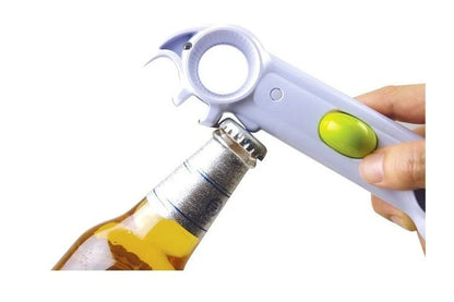 Universal can opener with six functions for easy opening of cans, bottles, and jars