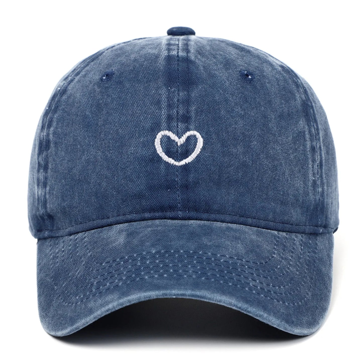 Adjustable cotton baseball cap with embroidered retro love design in various colours.
