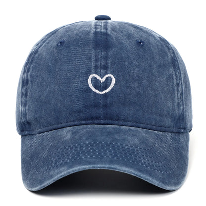 Adjustable cotton baseball cap with embroidered retro love design in various colours.