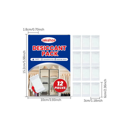 Pack of twelve white calcium chloride desiccant bags for household moisture absorption.
