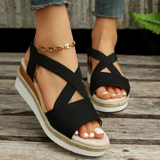Women's cross-strap platform gladiator sandals with hemp heel in various colors