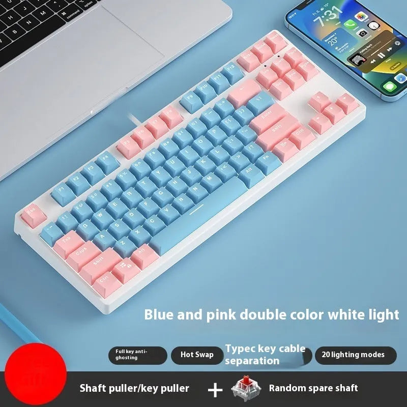 87-key mechanical keyboard with two-tone coloured keycaps on metal case