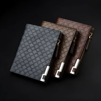 Men's short business wallet in PU leather with embossed plaid pattern, 12 x 9.5cm, black or coffee
