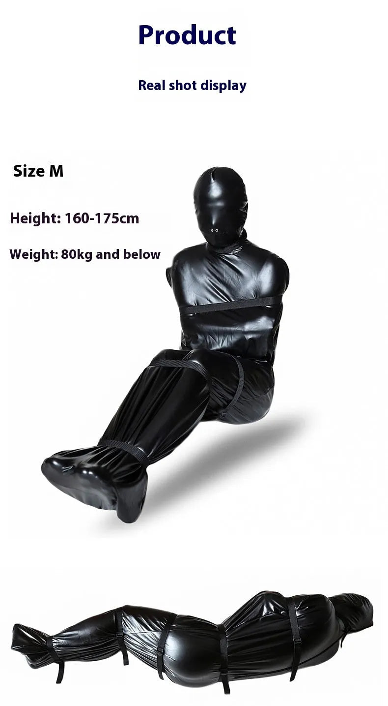 Black patent leather bondage set with leak nostril clothes and six ratchet tie downs