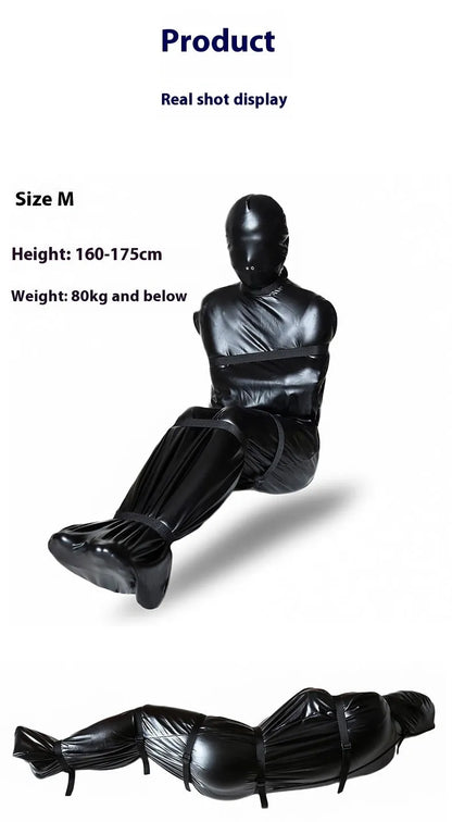Black patent leather bondage set with leak nostril clothes and six ratchet tie downs