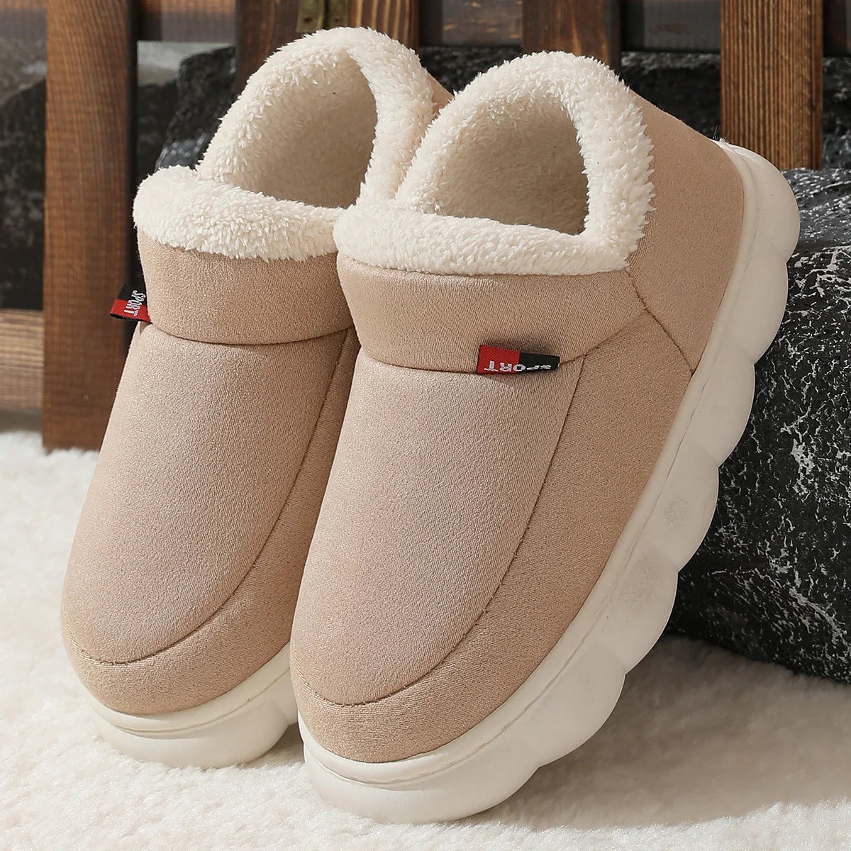 Cozy plush house slippers with soft velvet upper, warm suede lining, and thick rubber soles for indoor and light outdoor wear