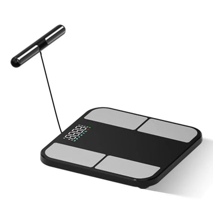 Black electronic weighing scale with tempered glass platform showing body fat percentage on colour screen