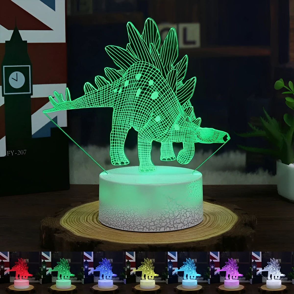 Dinosaur series colourful 3D night light with acrylic panel on ABS base, showing remote control.